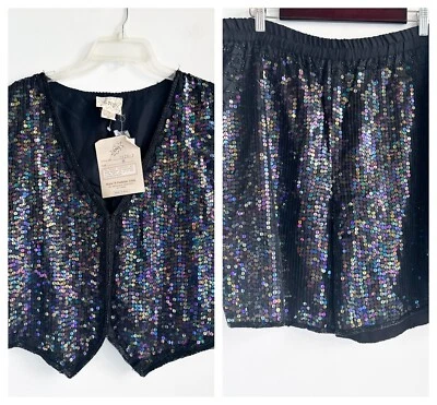 Conjunto de pantalones cortos y chaleco vintage de seda SNF con cuentas de lentejuelas M Foto 1 de 4