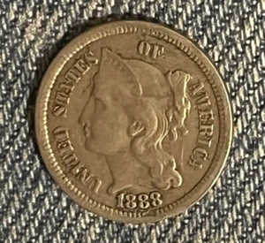 1888 Three cent nickel , XF , Scarce date . - Picture 1 of 6
