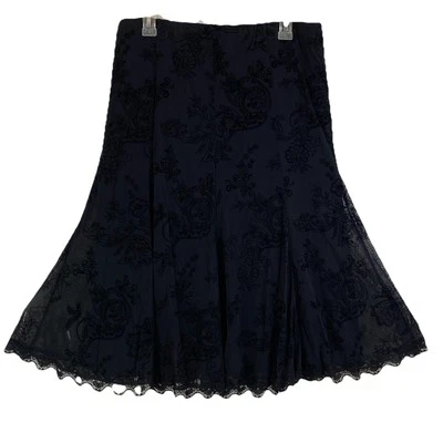 Falda acampanada RQT cintura elástica bordada chifón forrada negra midi para mujer L Foto 1 de 4