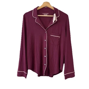 Victoria's Secret Pajama Top Button Up Shirt Womens XS Maroon w/ Pink Trim NEW! - Picture 1 of 7