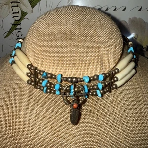 Native Running Bear RB Sterling Silver 925 Turquoise Feather Necklace Choker - Picture 1 of 8