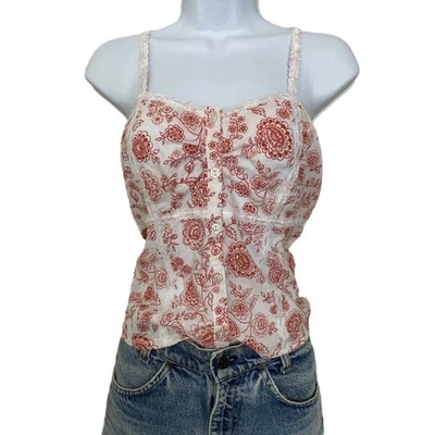 Camiseta sin mangas Laura Ashley Algodón Boho Cottage Floral Borde de Encaje Blanco Rojo Cami Talla L Foto 1 de 4