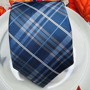 PLATINUM DESIGN Men's Handmade Tie Blue Gray White Plaid Necktie - Picture 1 of 4