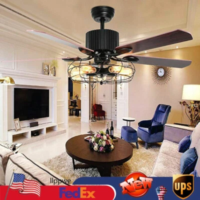 52'' Rustic Farmhouse Ceiling Fan Lamp Industrial Metal Cage Pendant Fan +Remote - Image 1 of 4