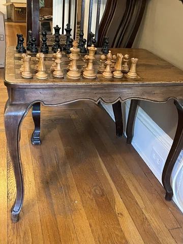 vintage chess/side table with handmade wooden chess pieces Cover