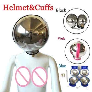 Round Ball Helmet BDSM Restraint Lockable Head Hood Cover Handcuffs Chain Slave - Picture 1 of 42
