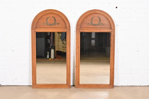 Henredon French Regency Louis XVI Walnut and Brass Arched Wall Mirrors, Pair Cover