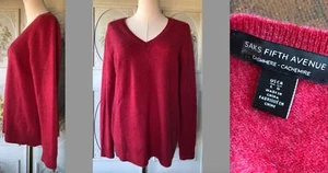 SAKS FIFTH AVENUE ALL CASHMERE SWEATER WATERMELON RED PINK V-NECK SOFT L EUC - Picture 1 of 10