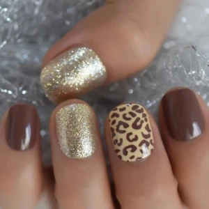 24 Short Leopard Print Gold tan Details Press on nails set with glue nude cheeta - Picture 1 of 7