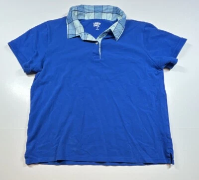 Lands' End Kids Short Sleeve Polo Shirt Blue Large (14-16) Plaid Collar Cotton - Image 1 of 4