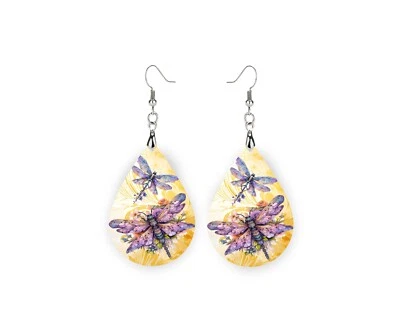 Pink and Purple Dragonfly Wood Dangle Teardrop Print Earrings Jewelry - Image 1 of 4