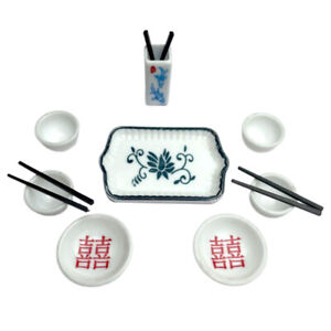Dollhouse Chinese Ceramics Chopsticks Bowl Dishes Double Happiness Plate Decor