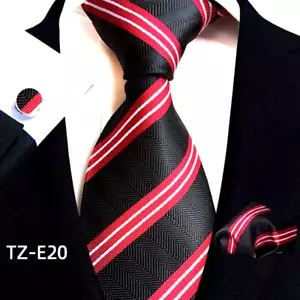 Classic Checks Red Black Jacquard Silk Men's Tie Necktie Hanky Cufflink Set - Picture 1 of 1