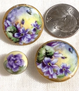 3 Antique China Ceramic Gold Trimmed Buttons Purple VIolets Gorgeous - Picture 1 of 3