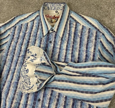 Robert Graham Shirt Mens L Paisley Embroidered Flip Cuff Striped Silk Trim EUC - Image 1 of 4