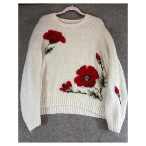 VINTAGE 90s Sweater Womens Large White Floral Pullover Knit Cottagecore 80s - Picture 1 of 6