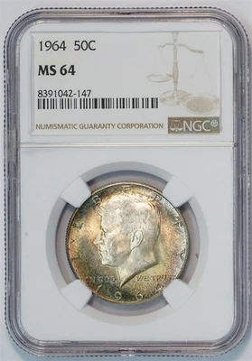 1964 Kennedy Silver Half Dollar Shroud Rainbow Toning MS 64 NGC 50C US COIN - Image 1 of 4