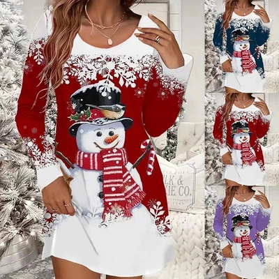 Women Christmas Long Sleeve T Shirt Dress Ladies Xmas Party Snowman Mini Dresses - Image 1 of 4