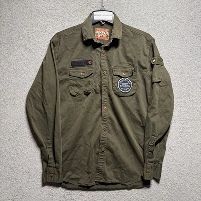Superdry Military Utility Shirt Olive Green Button Up Long Sleeve Workwear Patch - Image 1 of 4