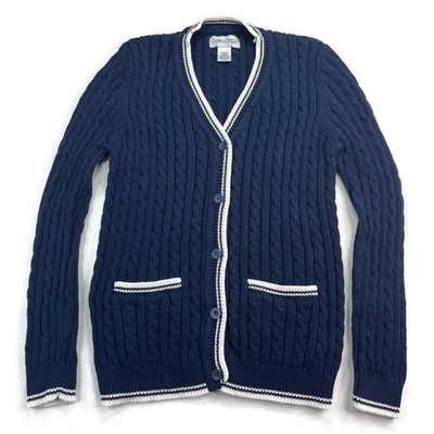 Cárdigan Suéter Años 90 Para Mujer Pequeño Azul Marino Tejido con Cable Preppy Náutico Dinero Antiguo Foto 1 de 4