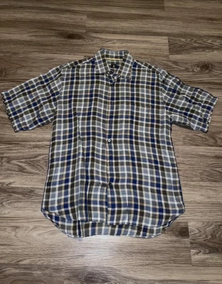 Robert Talbott Shirt Mens Large Blue Gray Plaid Linen Short Sleeve Button Down - Image 1 of 4