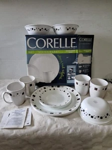 Corelle 16peice Vtg Dinnerset Geometric Design Brown/green On White Preowned - Picture 1 of 5