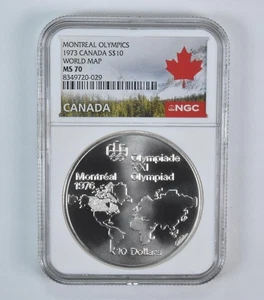 1973 Canada 10 Dollars Silver Olympic World Map MS70 NGC Canada Lbl - Picture 1 of 5