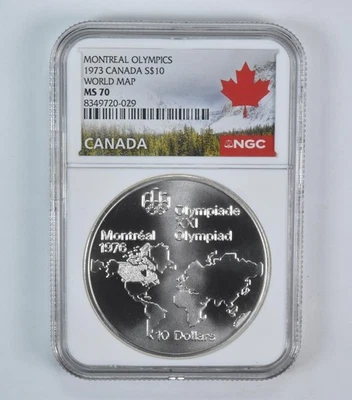 1973 Canada 10 Dollars Silver Olympic World Map MS70 NGC Canada Lbl - Image 1 of 4