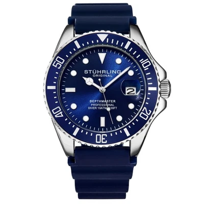 Stuhrling 3950R 2 Aquadiver Quartz Date Blue Rubber Strap Mens Watch Foto 1 de 4