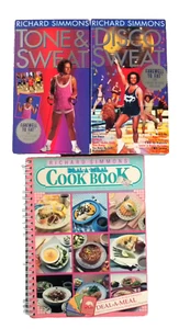 2 Richard Simmons VHS Tapes Tone & Sweat -Disco Sweat and Deal-A-Meal Cookbook - Picture 1 of 6