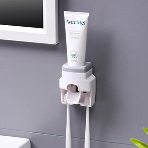 Automatic Toothpaste Dispenser Wall Mount Toothbrush Holder Squeezer Bathroom - Picture 1 of 15