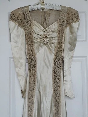 VINTAGE 1940s Liquid Satin Lace Wedding Dress Old Hollywood Starlet Glam - Image 1 of 4
