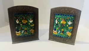 Vintage Chinese Brass Enamel Bookends Pair - Picture 1 of 6
