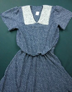 VINTAGE / RETRO 1970ER 1980ERer marineblaues Dotty Kleid mit Spitze Pilgerkragen - Bild 1 von 9