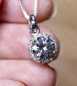1.54 TCW Round Cut Moissanite No Chain Halo Pendant 14k White Gold Plated - Picture 1 of 7