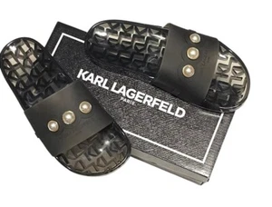 KARL LAGERFELD WOMEN TULA OPEN TOE SLIP ON FLAT POOL SLIDES SHOES SIZE 5M - Picture 1 of 7