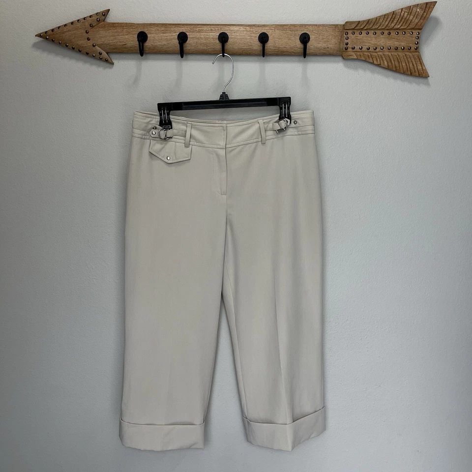 Larry Levine | Stretch Khaki Capri Pants Womens Size 10 Mid Rise Cuffed Beige - Image 1 of 4