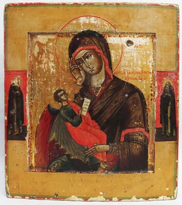 ANTIQUE 19th c. RUSSIAN ORTHODOX ICON MOTHER OF GOD HAND PAINTED 10.5"x 9 PANEL - Picture 1 of 9