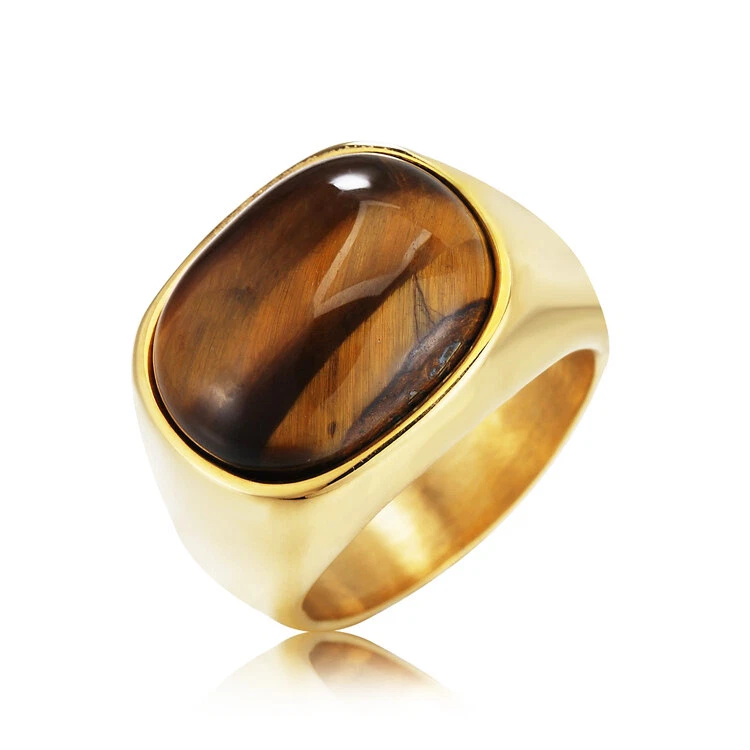 Anillo de boda vintage de piedra de café de acero inoxidable placa de oro piedras preciosas anillo de motociclista Foto 1 de 4