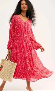 Free People Raspberry Pink Wallflower Midi V-Neck Long Sleeve Dress Sz S XS NWT - Picture 1 of 11
