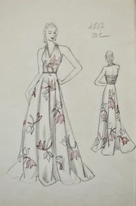 Atelier VIONNET - Dessin original - Crayon - Robe fleurie grise et rose 250 - Imagen 1 de 3