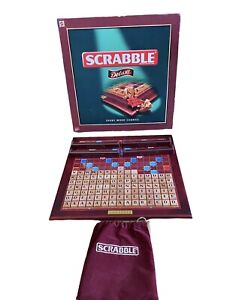 Scrabble Deluxe Board Game. Turntable Board. Wooden Tiles. Velvet Bag. Complete