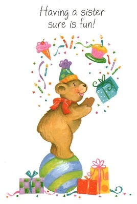 Tarjeta de felicitación feliz cumpleaños divertido hermana marrón oso de circo de peluche malabarista Foto 1 de 3