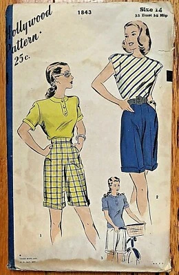 RARE 1940 HOLLYWOOD PATTERN 1843 BLOUSE, SHIRT, SHORTS SET, BUST 32-UNUSED/FF - Image 1 of 3
