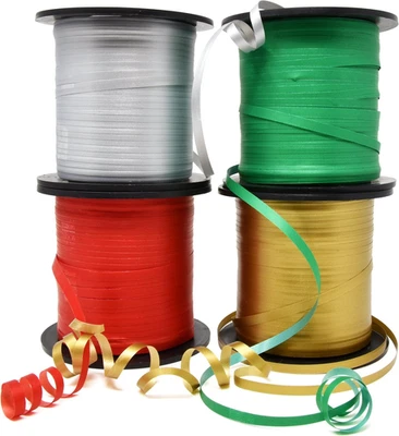 Paquete de 4 rollos de cinta rizadora de Navidad verde, rojo dorado y plateado; fiesta navideña Foto 1 de 4