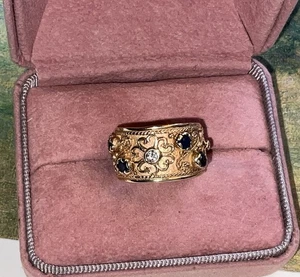 Vintage 14K Genuine Diamond & Sapphire Eternity Wide Band Ring - Picture 1 of 10