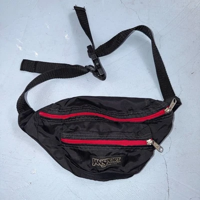 Vintage Jansport Fanny Pack Made In USA Black Bag Adjustable Waist Red Piping - Image 1 of 4