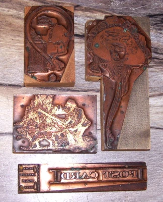 Lote de 4 Impresoras Vintage Cobre sobre Madera Bloques Mujer en Sombrero, Cazador con Perro Foto 1 de 4