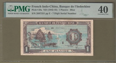 French Indochina/Vietnam 1942-45 PMG Certified 1 Piastres EX40  P# 59a. - Image 1 of 2