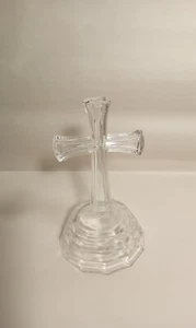 Vintage Crystal Glass Cross Sculpture with Pedestal Base 7" Tall 4" Base - Picture 1 of 8